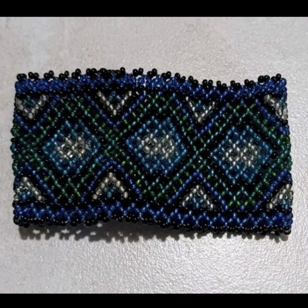 Vintage Beaded Bracelet Blue Green Geometric Gift Idea